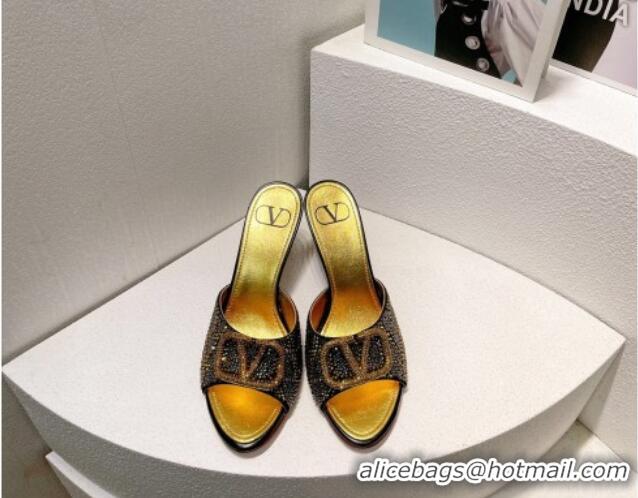 Classic Hot Valentino VLogo Heel Slides Sandal 8cm in Toile Iconographe Strass Gold/Black 612069