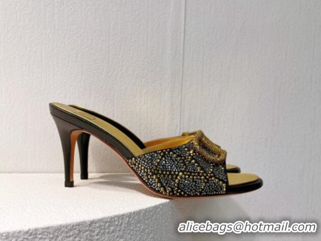 Classic Hot Valentino VLogo Heel Slides Sandal 8cm in Toile Iconographe Strass Gold/Black 612069