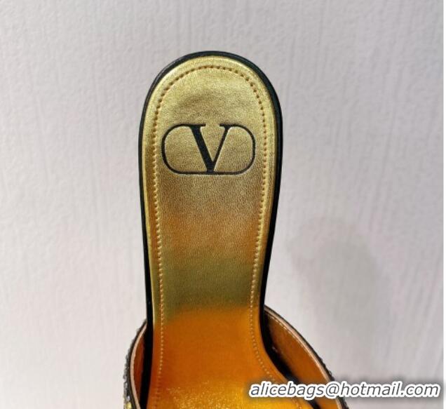 Classic Hot Valentino VLogo Heel Slides Sandal 8cm in Toile Iconographe Strass Gold/Black 612069