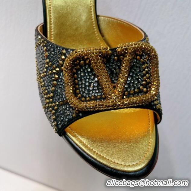 Classic Hot Valentino VLogo Heel Slides Sandal 8cm in Toile Iconographe Strass Gold/Black 612069