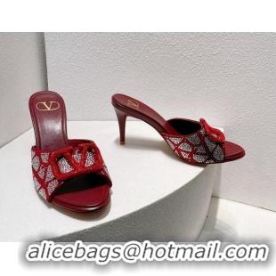 Low Price Valentino VLogo Heel Slides Sandal 8cm in Toile Iconographe Strass Burgundy/Red 612070