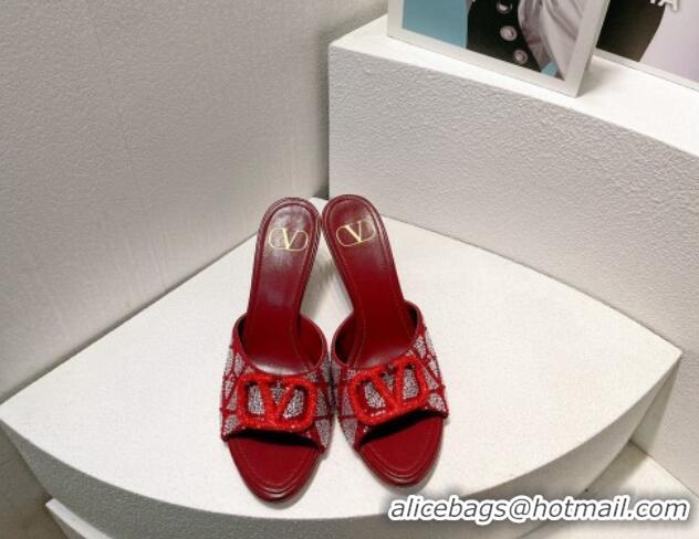 Low Price Valentino VLogo Heel Slides Sandal 8cm in Toile Iconographe Strass Burgundy/Red 612070