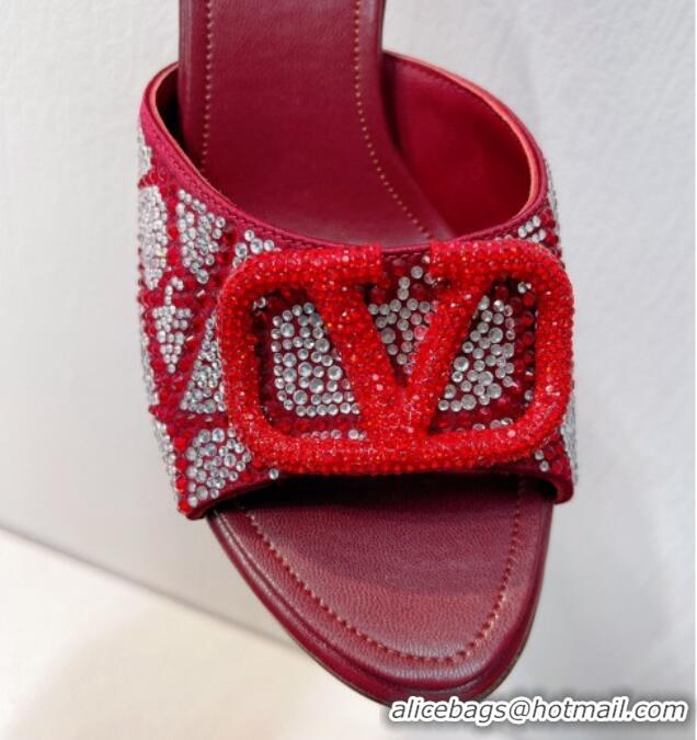 Low Price Valentino VLogo Heel Slides Sandal 8cm in Toile Iconographe Strass Burgundy/Red 612070