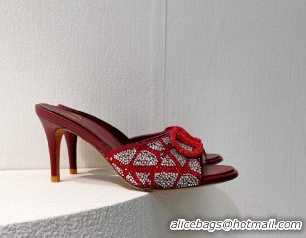 Low Price Valentino VLogo Heel Slides Sandal 8cm in Toile Iconographe Strass Burgundy/Red 612070