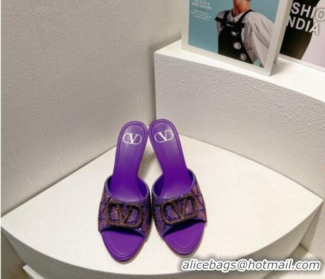 Duplicate Valentino VLogo Heel Slides Sandal 8cm in Toile Iconographe Strass Purple 612071