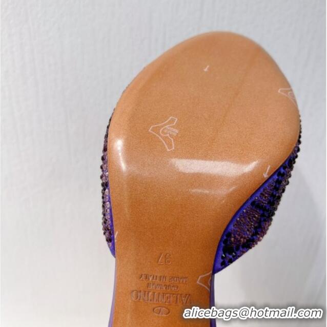 Duplicate Valentino VLogo Heel Slides Sandal 8cm in Toile Iconographe Strass Purple 612071