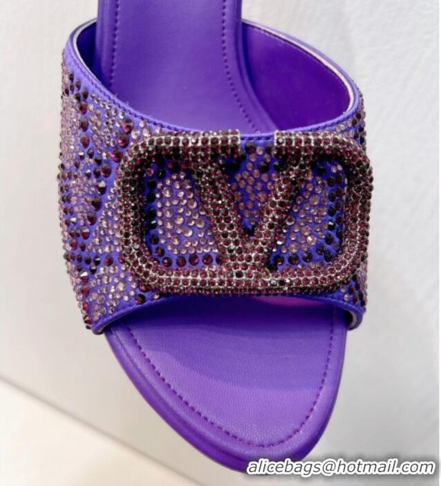 Duplicate Valentino VLogo Heel Slides Sandal 8cm in Toile Iconographe Strass Purple 612071