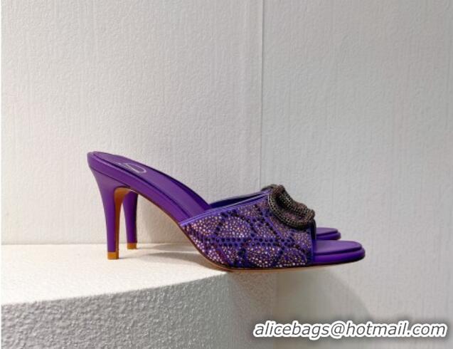 Duplicate Valentino VLogo Heel Slides Sandal 8cm in Toile Iconographe Strass Purple 612071