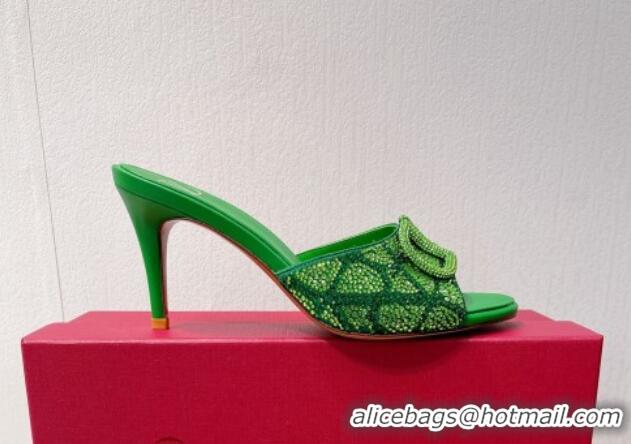 Perfect Valentino VLogo Heel Slides Sandal 8cm in Toile Iconographe Strass Green/Dark 612072