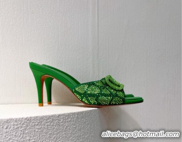 Perfect Valentino VLogo Heel Slides Sandal 8cm in Toile Iconographe Strass Green/Dark 612072