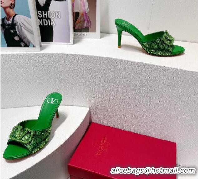 Perfect Valentino VLogo Heel Slides Sandal 8cm in Toile Iconographe Strass Green/Dark 612072