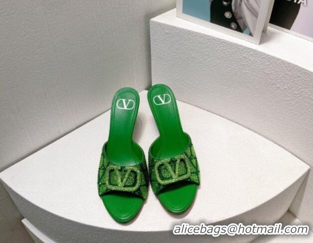 Perfect Valentino VLogo Heel Slides Sandal 8cm in Toile Iconographe Strass Green/Dark 612072