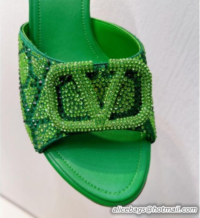 Perfect Valentino VLogo Heel Slides Sandal 8cm in Toile Iconographe Strass Green/Dark 612072