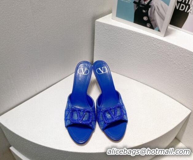 Unique Style Valentino VLogo Heel Slides Sandal 8cm in Toile Iconographe Strass Sky Blue 612073