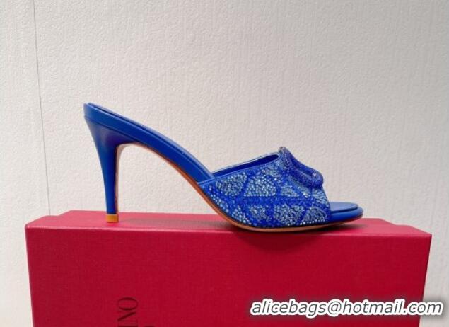 Unique Style Valentino VLogo Heel Slides Sandal 8cm in Toile Iconographe Strass Sky Blue 612073