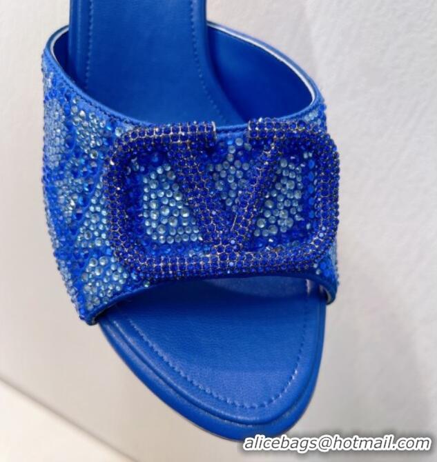 Unique Style Valentino VLogo Heel Slides Sandal 8cm in Toile Iconographe Strass Sky Blue 612073