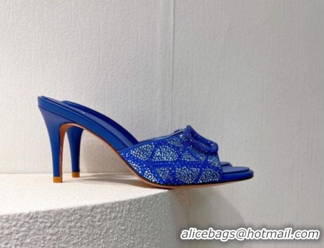 Unique Style Valentino VLogo Heel Slides Sandal 8cm in Toile Iconographe Strass Sky Blue 612073