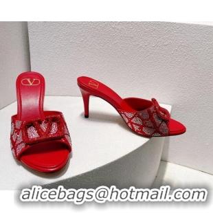 Pretty Style Valentino VLogo Heel Slides Sandal 8cm in Toile Iconographe Strass Red/Silver 612074