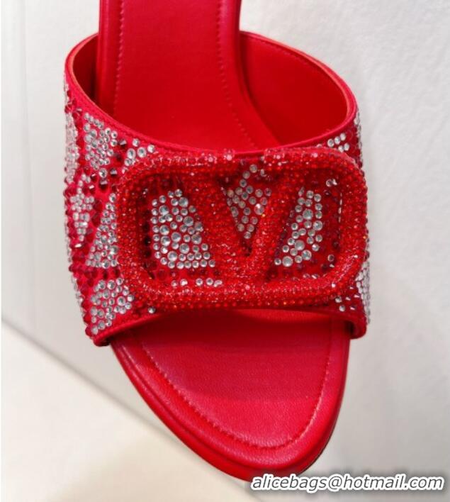 Pretty Style Valentino VLogo Heel Slides Sandal 8cm in Toile Iconographe Strass Red/Silver 612074