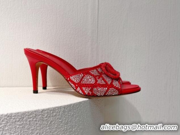 Pretty Style Valentino VLogo Heel Slides Sandal 8cm in Toile Iconographe Strass Red/Silver 612074