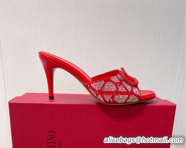 Pretty Style Valentino VLogo Heel Slides Sandal 8cm in Toile Iconographe Strass Red/Silver 612074