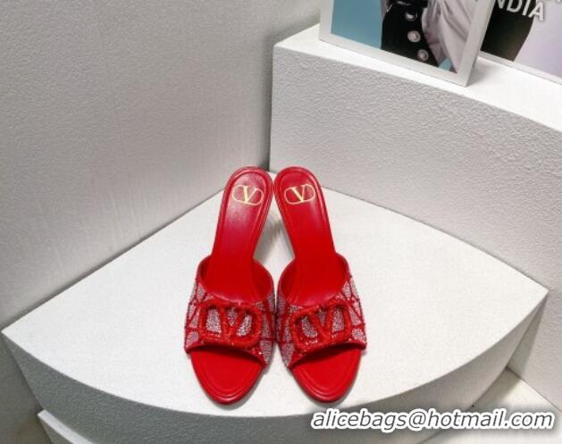 Pretty Style Valentino VLogo Heel Slides Sandal 8cm in Toile Iconographe Strass Red/Silver 612074