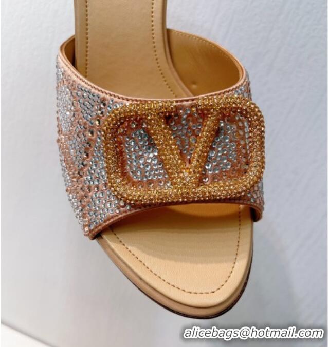 Buy Luxury Valentino VLogo Heel Slides Sandal 8cm in Toile Iconographe Strass Beige 612075