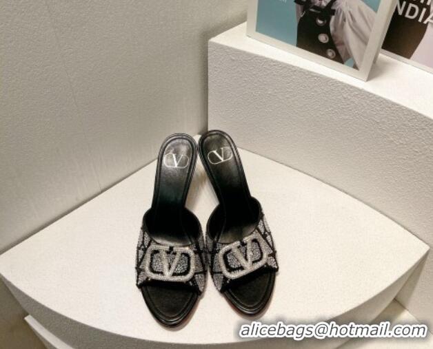 Low Cost Valentino VLogo Heel Slides Sandal 8cm in Toile Iconographe Strass Black/Silver 612076