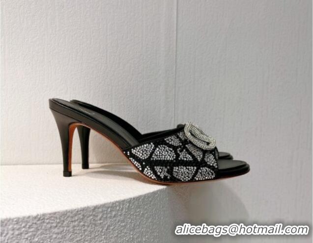 Low Cost Valentino VLogo Heel Slides Sandal 8cm in Toile Iconographe Strass Black/Silver 612076