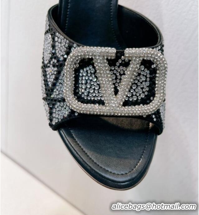 Low Cost Valentino VLogo Heel Slides Sandal 8cm in Toile Iconographe Strass Black/Silver 612076