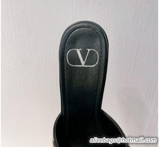 Low Cost Valentino VLogo Heel Slides Sandal 8cm in Toile Iconographe Strass Black/Silver 612076