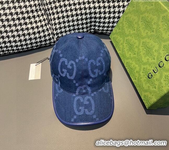 Free Shipping Gucci Jumbo GG Denim Baseball hat 0301 Navy Blue 2024