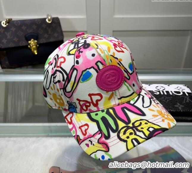 Classic Grade Gucci GG Canvas Baseball Hat with Graffi Print 040301 White 2024