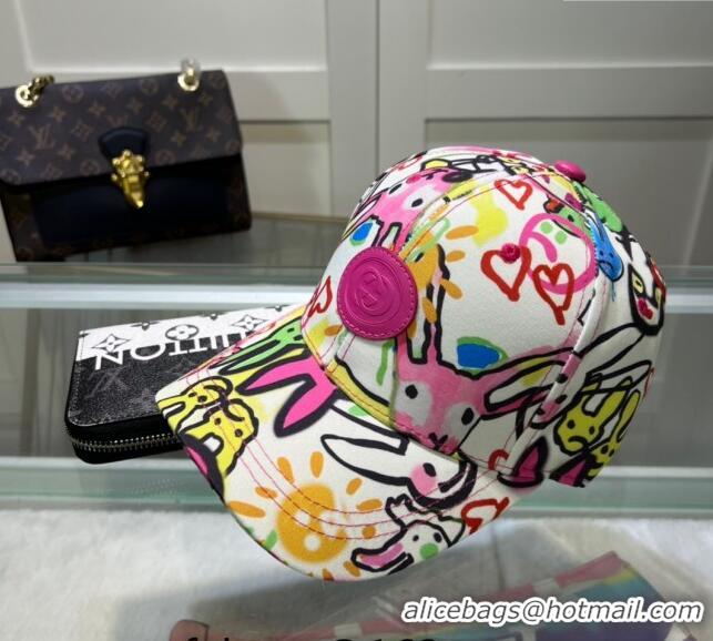 Classic Grade Gucci GG Canvas Baseball Hat with Graffi Print 040301 White 2024