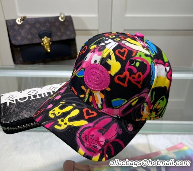 Discount Gucci GG Canvas Baseball Hat with Graffi Print 040301 Black 2024