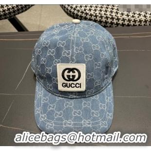 Luxury Cheap Gucci GG Denim Baseball Hat with Logo Patch 040301 Light Blue 2024