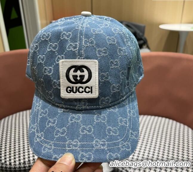 Luxury Cheap Gucci GG Denim Baseball Hat with Logo Patch 040301 Light Blue 2024