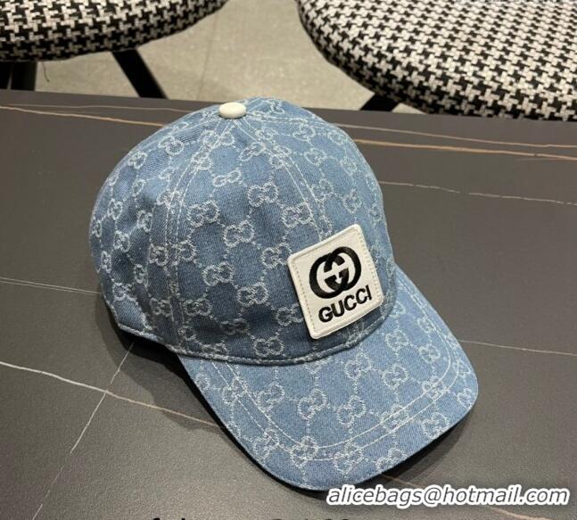 Luxury Cheap Gucci GG Denim Baseball Hat with Logo Patch 040301 Light Blue 2024