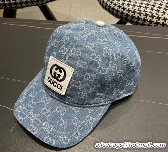 Luxury Cheap Gucci GG Denim Baseball Hat with Logo Patch 040301 Light Blue 2024