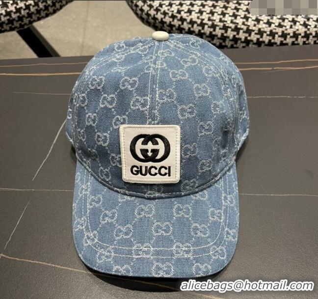 Luxury Cheap Gucci GG Denim Baseball Hat with Logo Patch 040301 Light Blue 2024