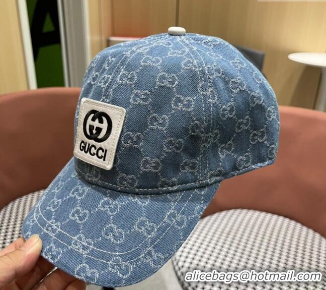 Luxury Cheap Gucci GG Denim Baseball Hat with Logo Patch 040301 Light Blue 2024