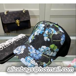 Luxury Classic Gucci Black GG Canvas Baseball Hat with Flora 040301 Blue 2024