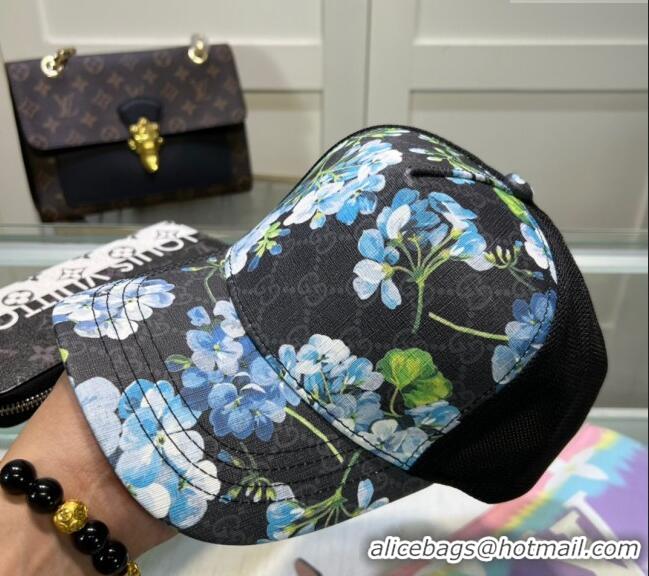 Luxury Classic Gucci Black GG Canvas Baseball Hat with Flora 040301 Blue 2024