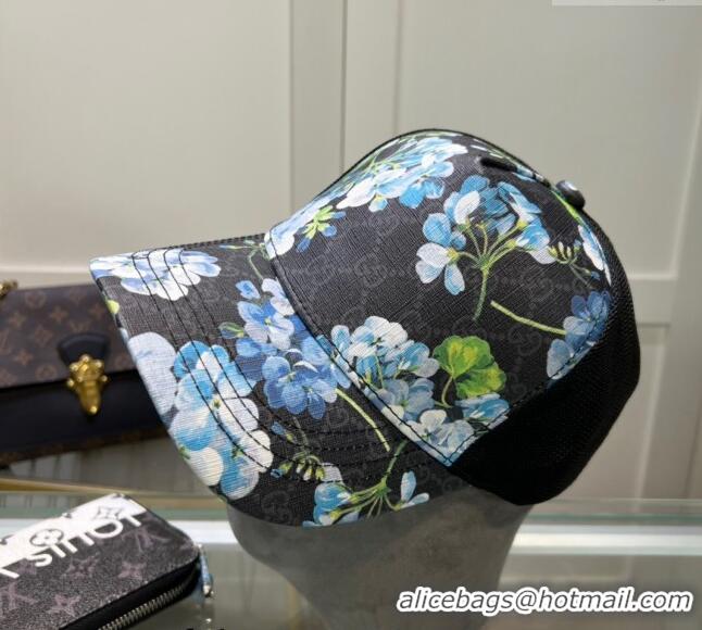 Luxury Classic Gucci Black GG Canvas Baseball Hat with Flora 040301 Blue 2024