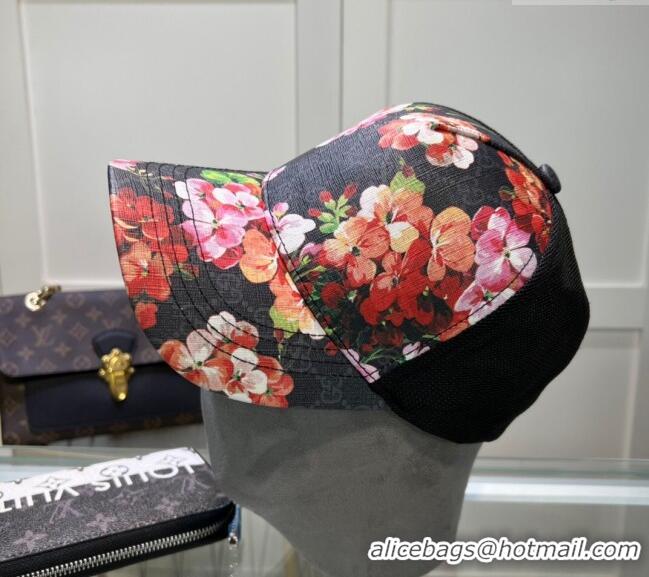 Modern Classic Gucci Black GG Canvas Baseball Hat with Flora 040301 Pink 2024