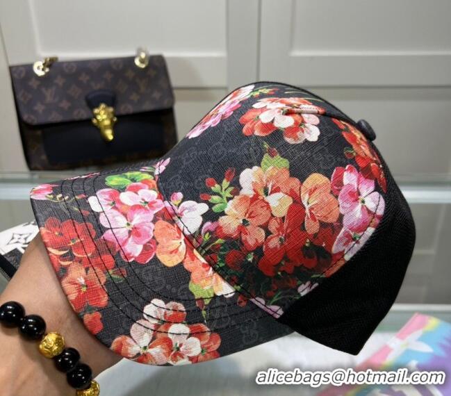 Modern Classic Gucci Black GG Canvas Baseball Hat with Flora 040301 Pink 2024