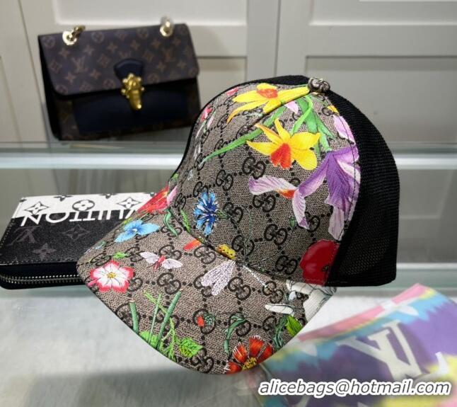 Famous Brand Gucci GG Canvas and Mesh Baseball Hat with Flora 040301 Beige 2024 