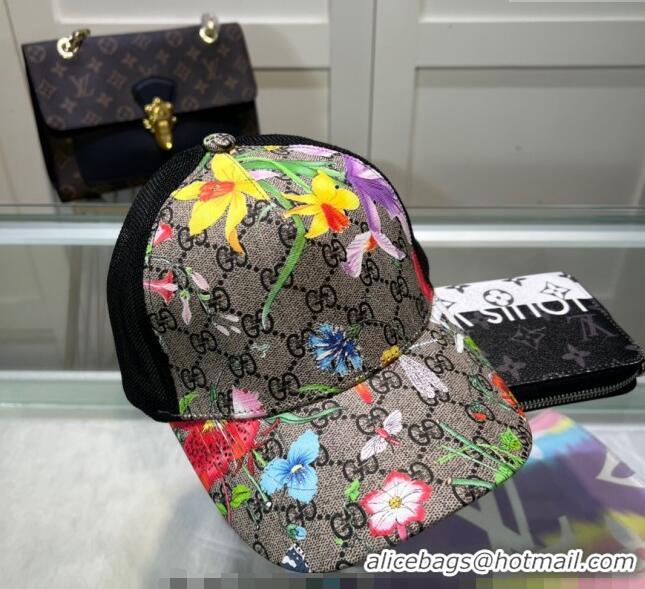 Famous Brand Gucci GG Canvas and Mesh Baseball Hat with Flora 040301 Beige 2024 