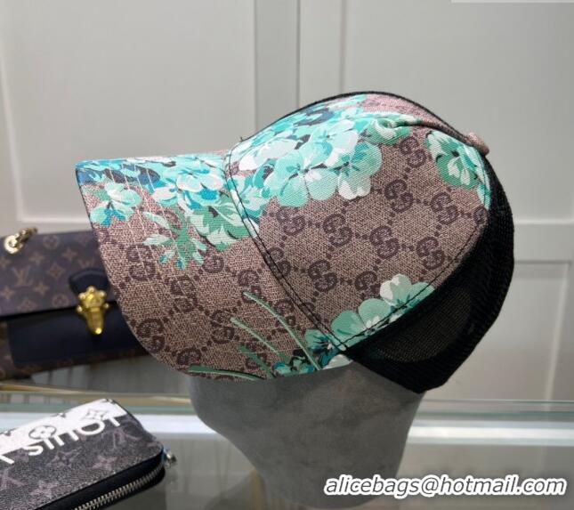 Buy New Cheap Gucci Beige Canvas and Mesh Baseball Hat with Flora 040301 Blue 2024