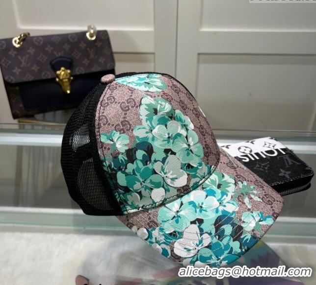 Buy New Cheap Gucci Beige Canvas and Mesh Baseball Hat with Flora 040301 Blue 2024